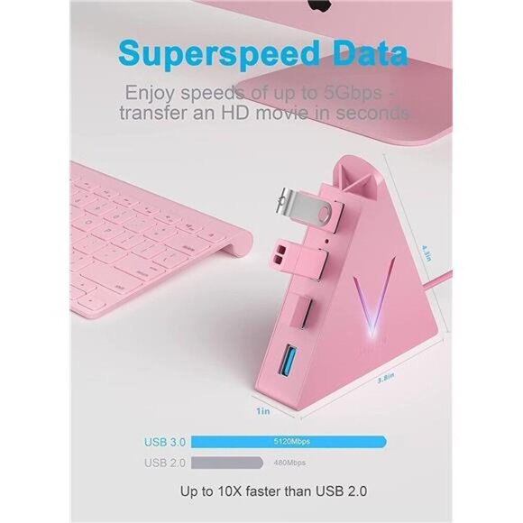 4-Port USB 3.0 Hub, FlyingVHUB Vertical Data USB Hub with 2 ft Extended Cable - Picture 2 of 7